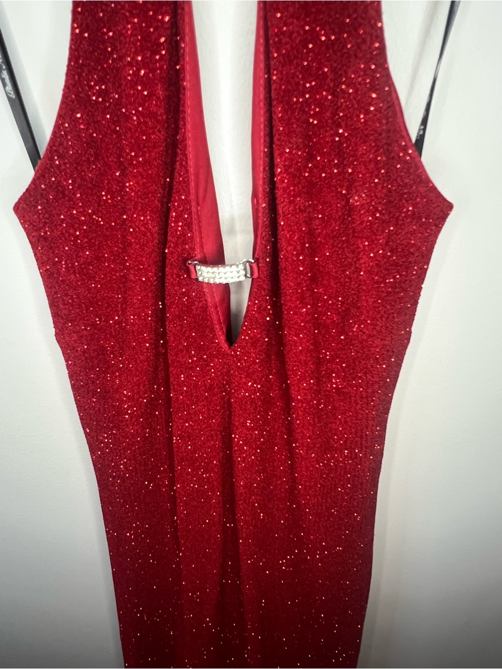 Vintage Blondie Nites Red Glitter Halter Formal/Prom Gown Y2K Open Back Dress